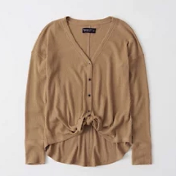 Abercrombie and Fitch Cozy Tie Front Button Up Camel Brown Medium - Picture 1 of 2